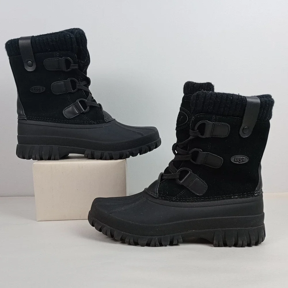 Lugz Womens 7 Black Leather Faux Fur Waterproof Winter Snow Storm Boots